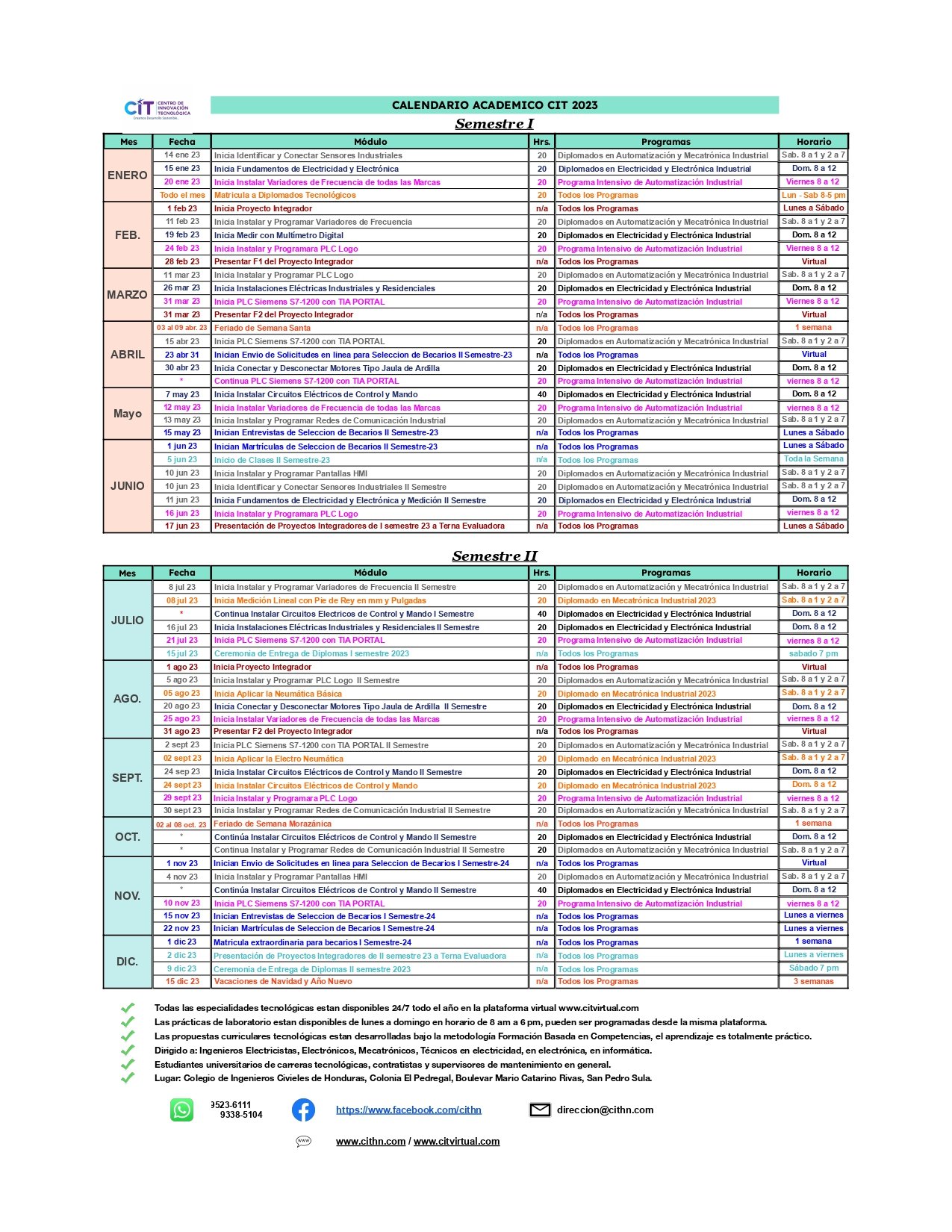 Calendario Académico CIT 2023 Centro de Innovación Tecnológica